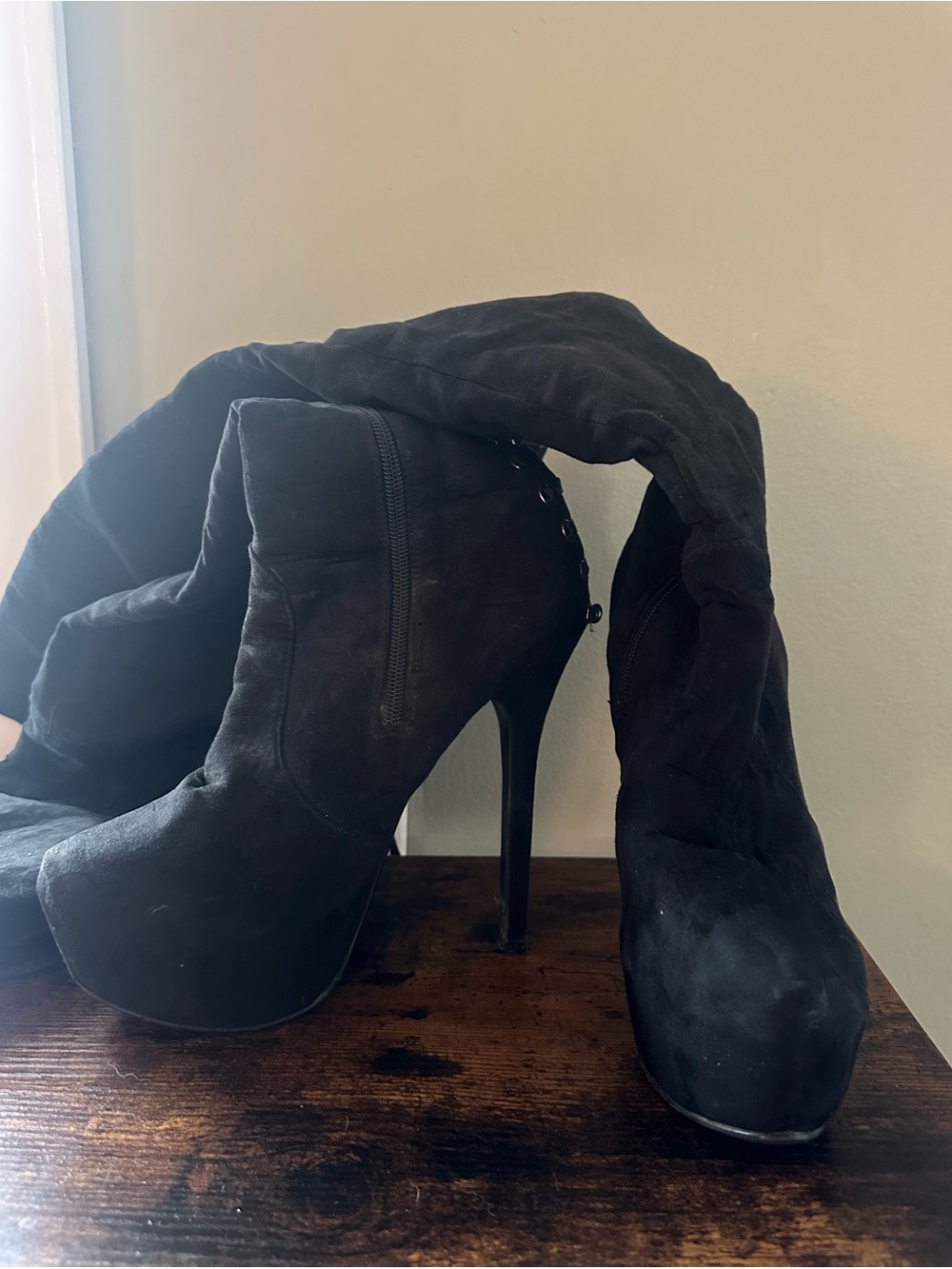 Sheikh Black Suede Thigh-High Lace-Up Platform Boots